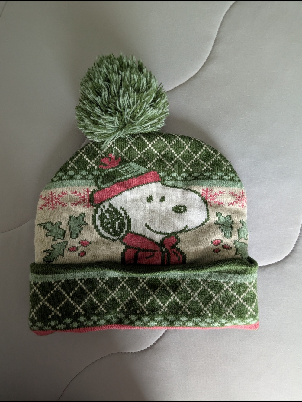 Snoopy Peanuts Green Hat Beanie Pom Pom One Size Unisex Knit CUTE